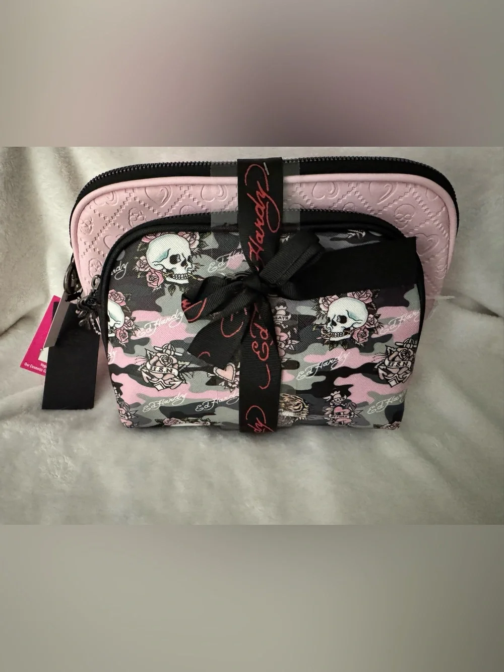Ed Hardy Pink Camo Skull & Rose Cosmetic Pouch with Bow